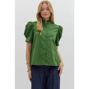 Solid puff shoulder short sleeve top