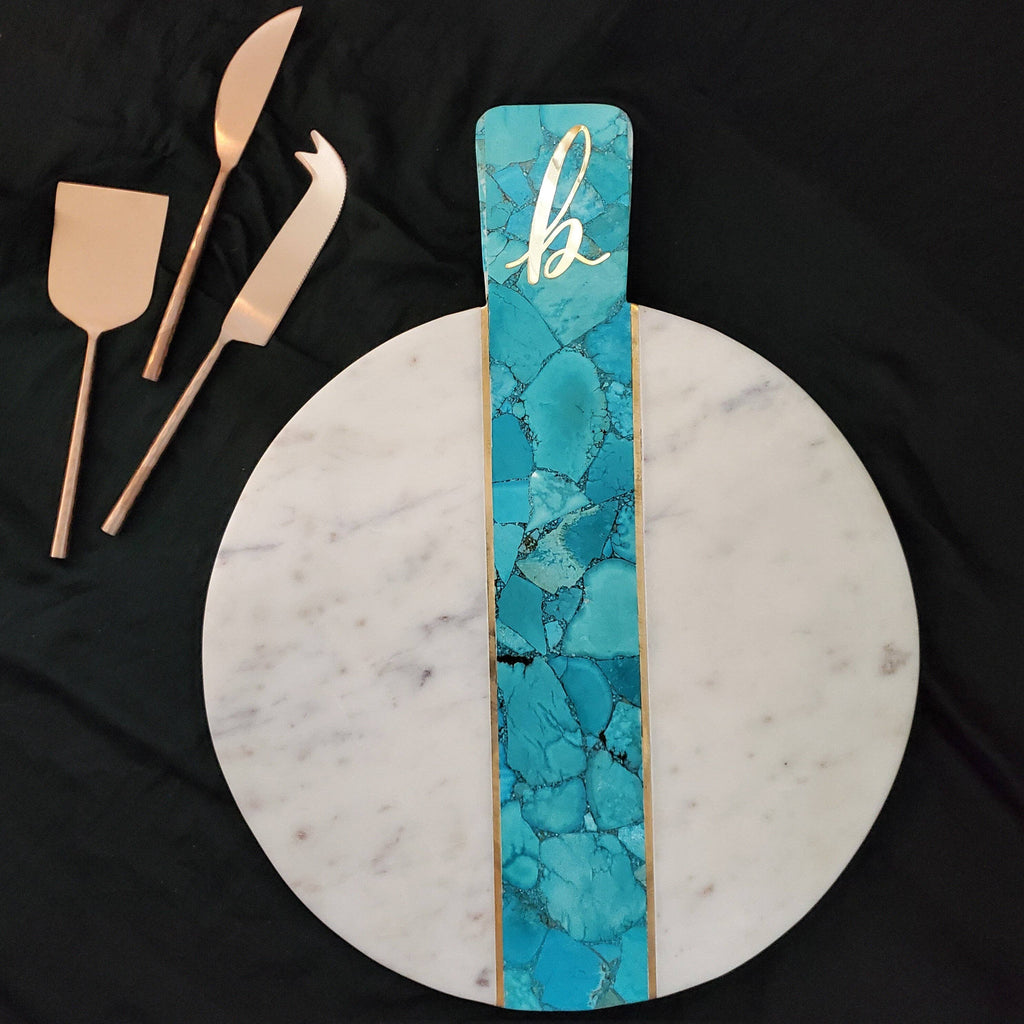 Marble & Lapiz Charcuterie Board - Cheese Board -Brass Inlay: Turquoise