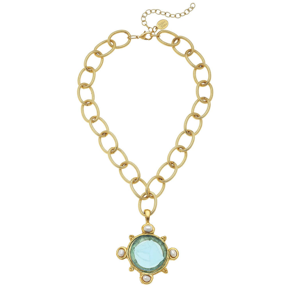 Aqua Venetian Glass Horse & Freshwater Pearl Necklace