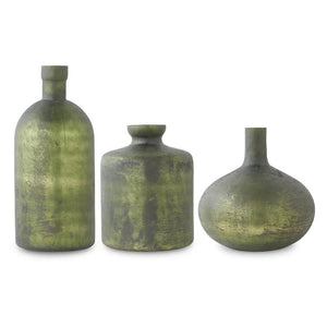 Antique Green Matte Bottle Vases - Set of 3
