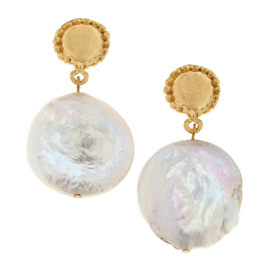 Gold Cab and Large 20mm Genuine Freshwater Coin Pearl Earrin