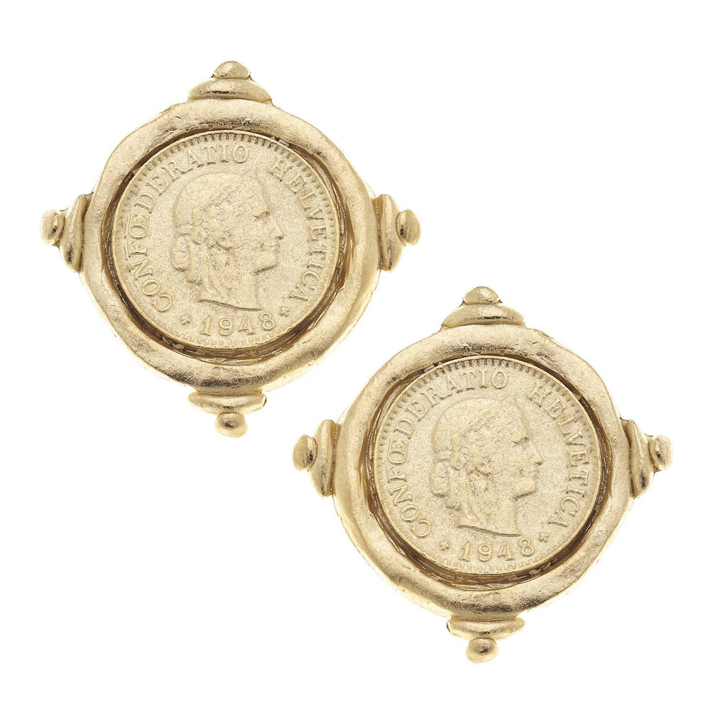 Gold Intaglio Coin Pierced Earrings