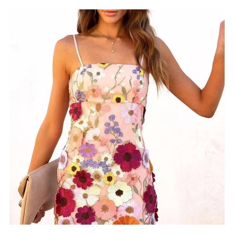 Elegant 3D Floral Embroidered Halter Mini Dress