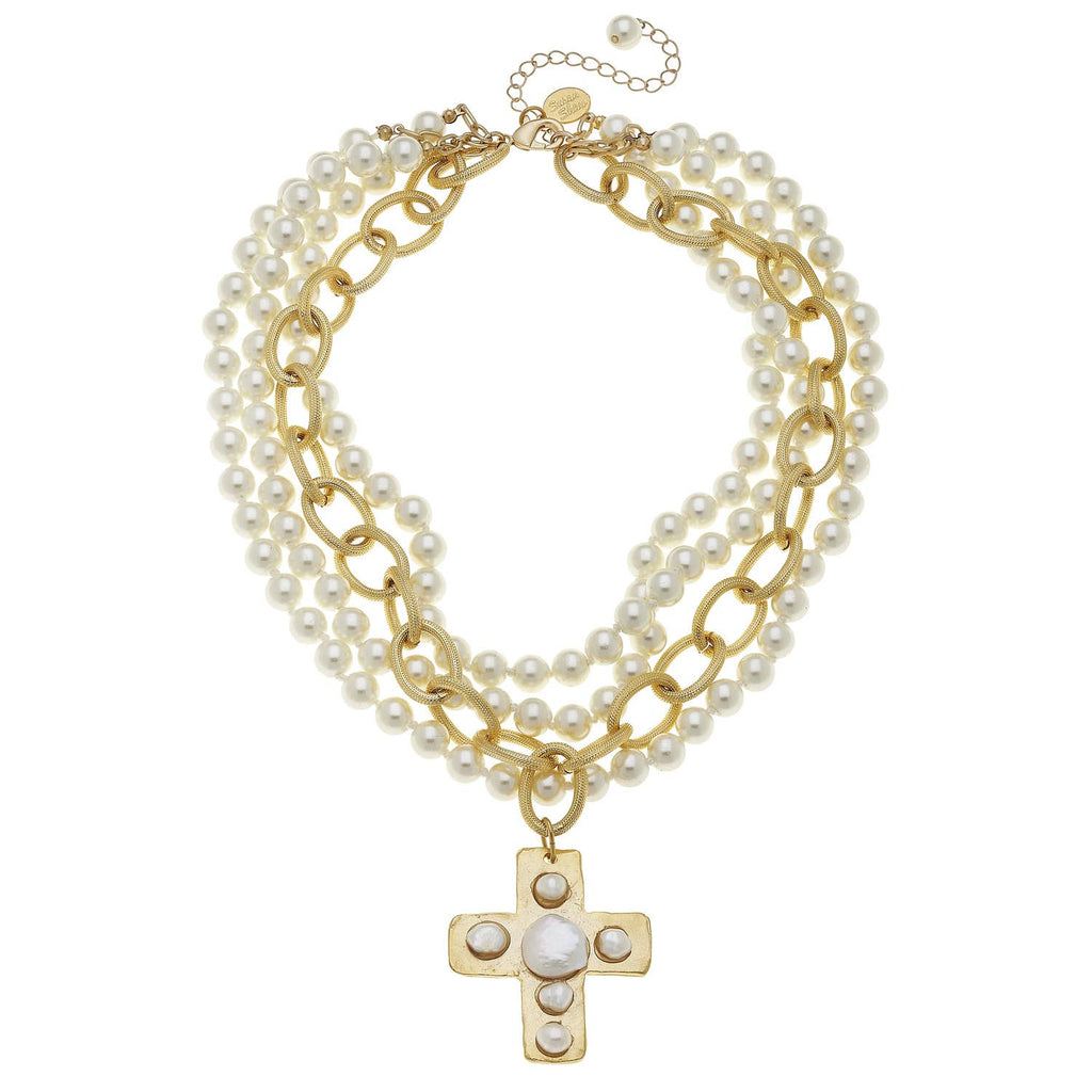 Multi Strand Gold Cross Pearl Necklace