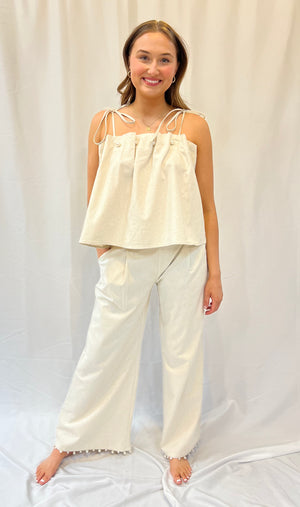 Pearl Trimmed Wide Leg Linen Pants