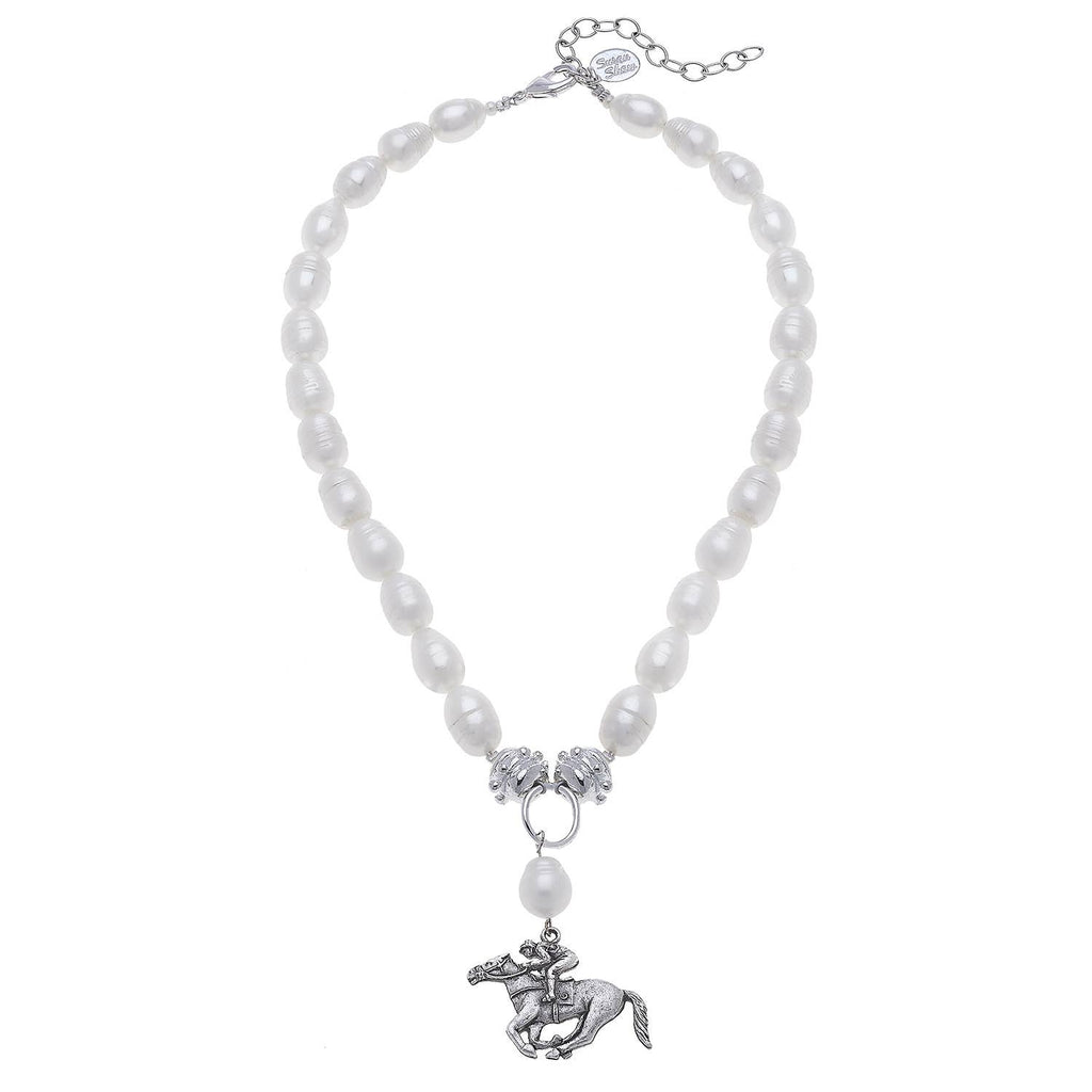 Silver Racehorse Pendant Pearl Necklace