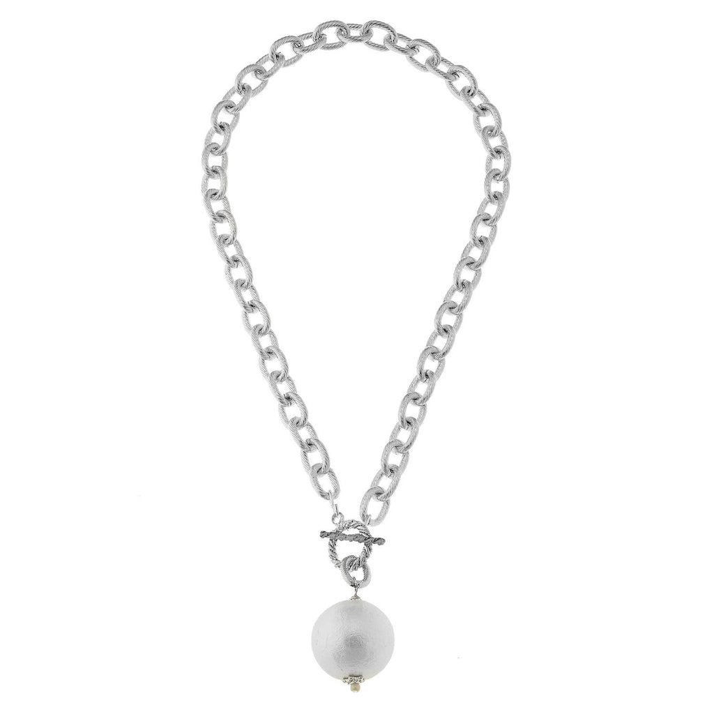 Cotton Pearl on Silver Chain Necklace with Front Toggle