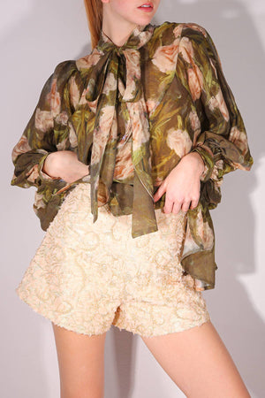Floral Bowtie Neck Chiffon Blouse
