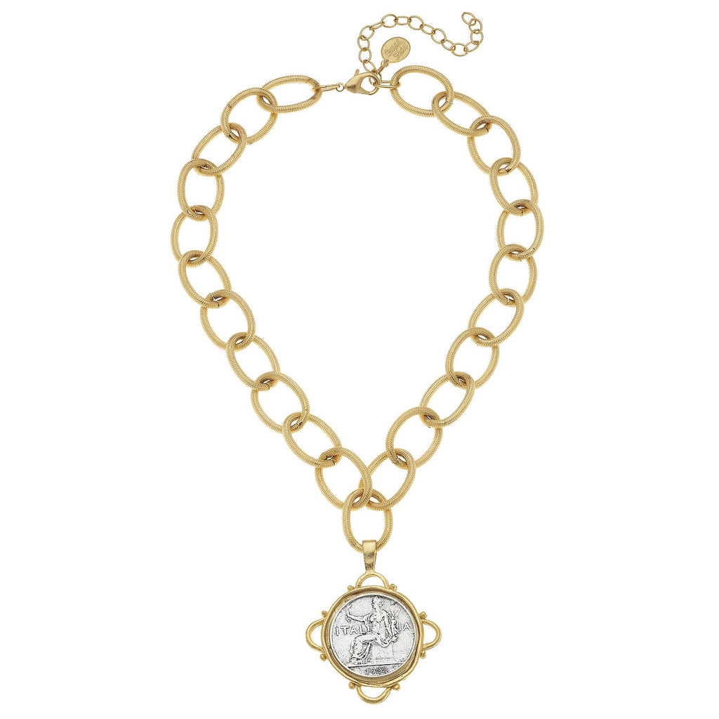 Gold and Silver Italian Coin on Genuine Freshwater Pearl Necklace Copy