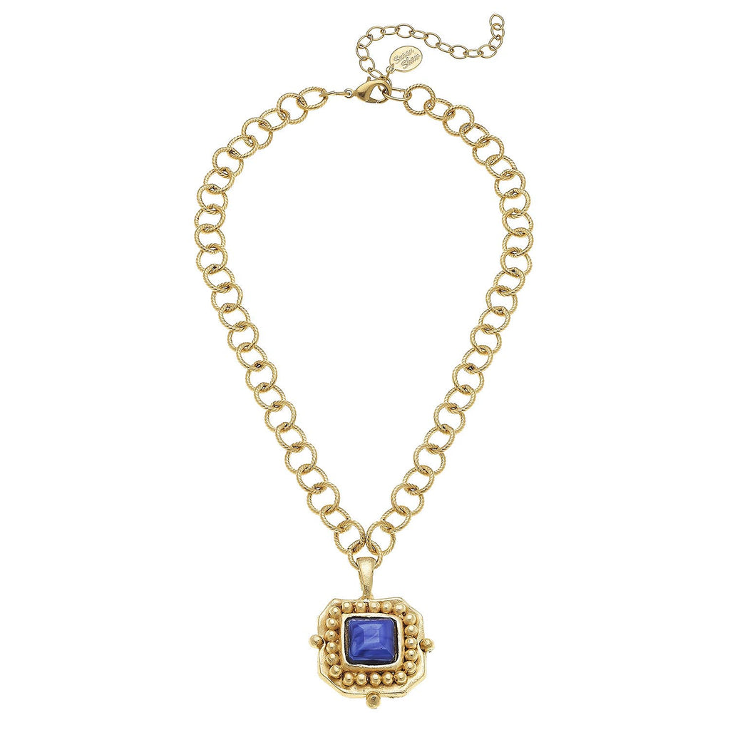 Gold Blue Crystal Pendant Chain Necklace