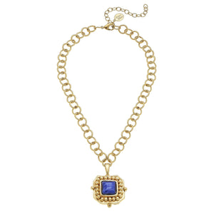 Gold Blue Crystal Pendant Chain Necklace