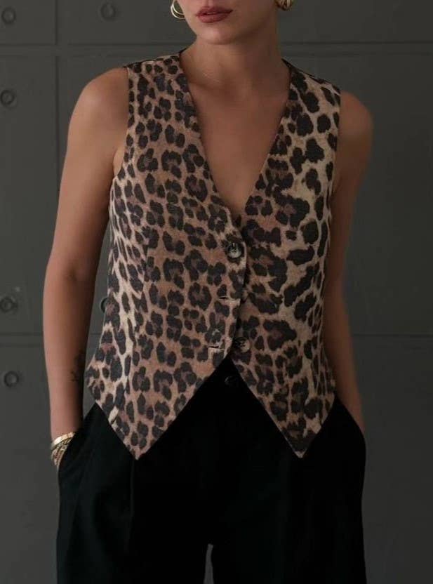 Brown V-Neck Leopard Print Vest Top