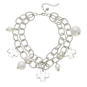 Silver Cross and Cotton Pearl Necklace