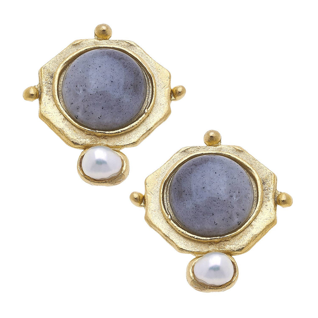 Handcrafted Gold Labradorite & Pearl Stud Earrings