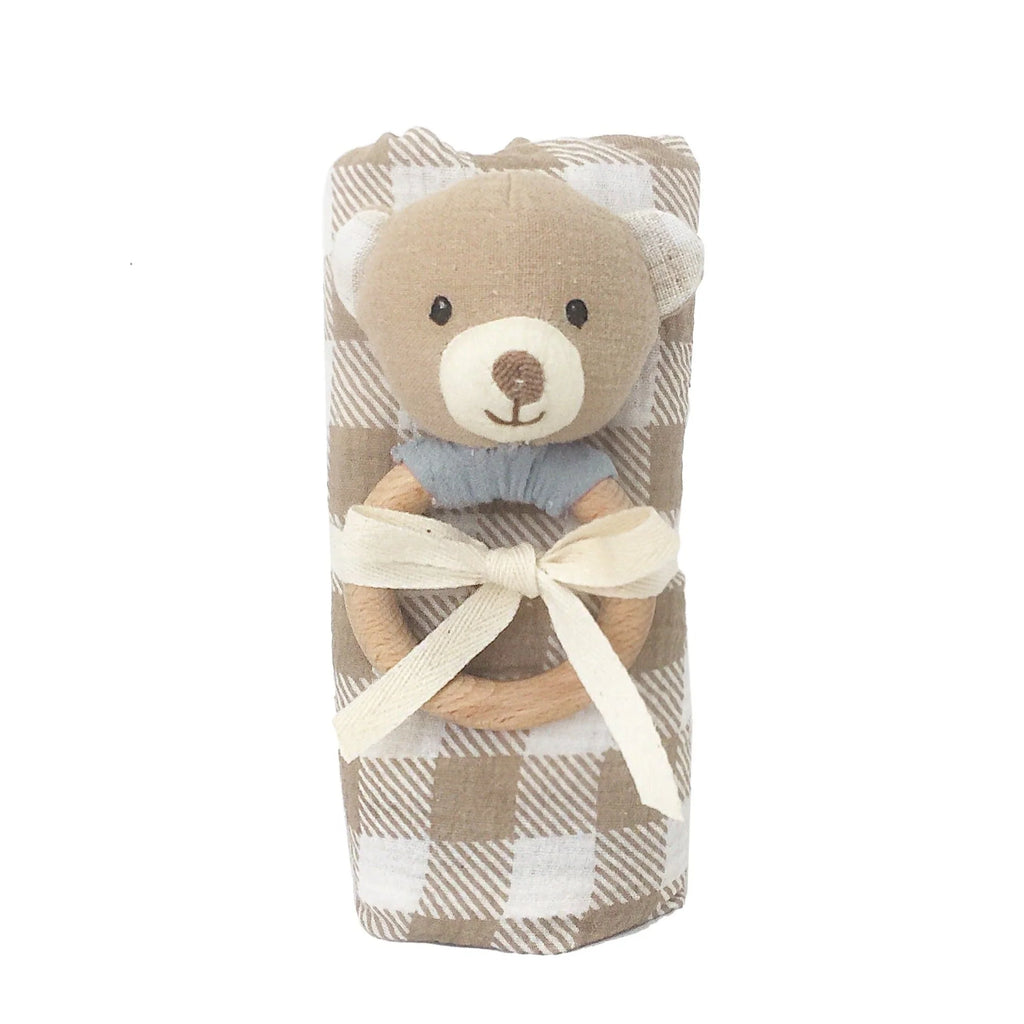 Gingham Muslin & Bear Wooden Rattle Gift Set