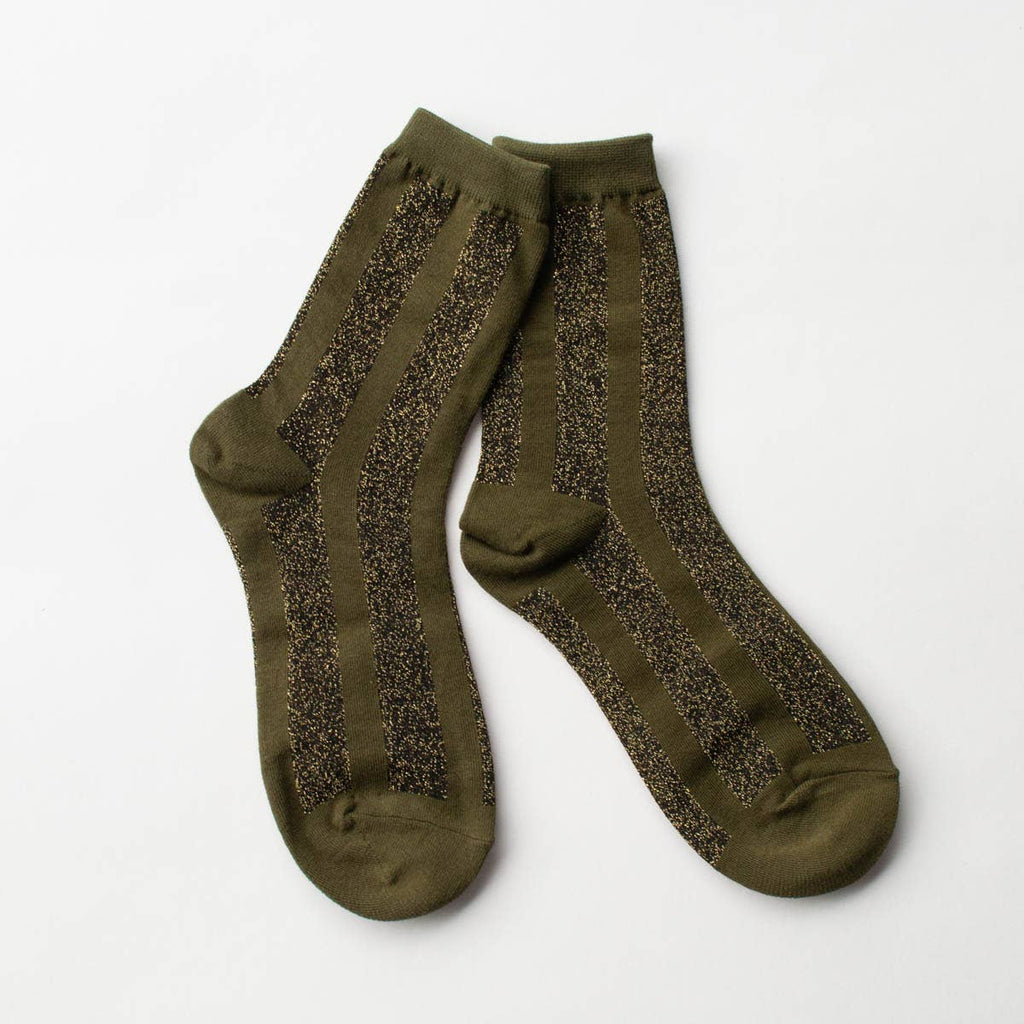 Glitter Vertical Striped Crew Socks: Olive/Green