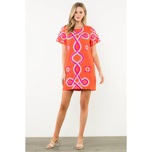 Embroidered Short Sleeve Mini Dress: