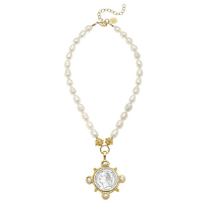 Gold and Silver Coin and Freshwater Pearls on Genuine Freshwater Pearl Necklace