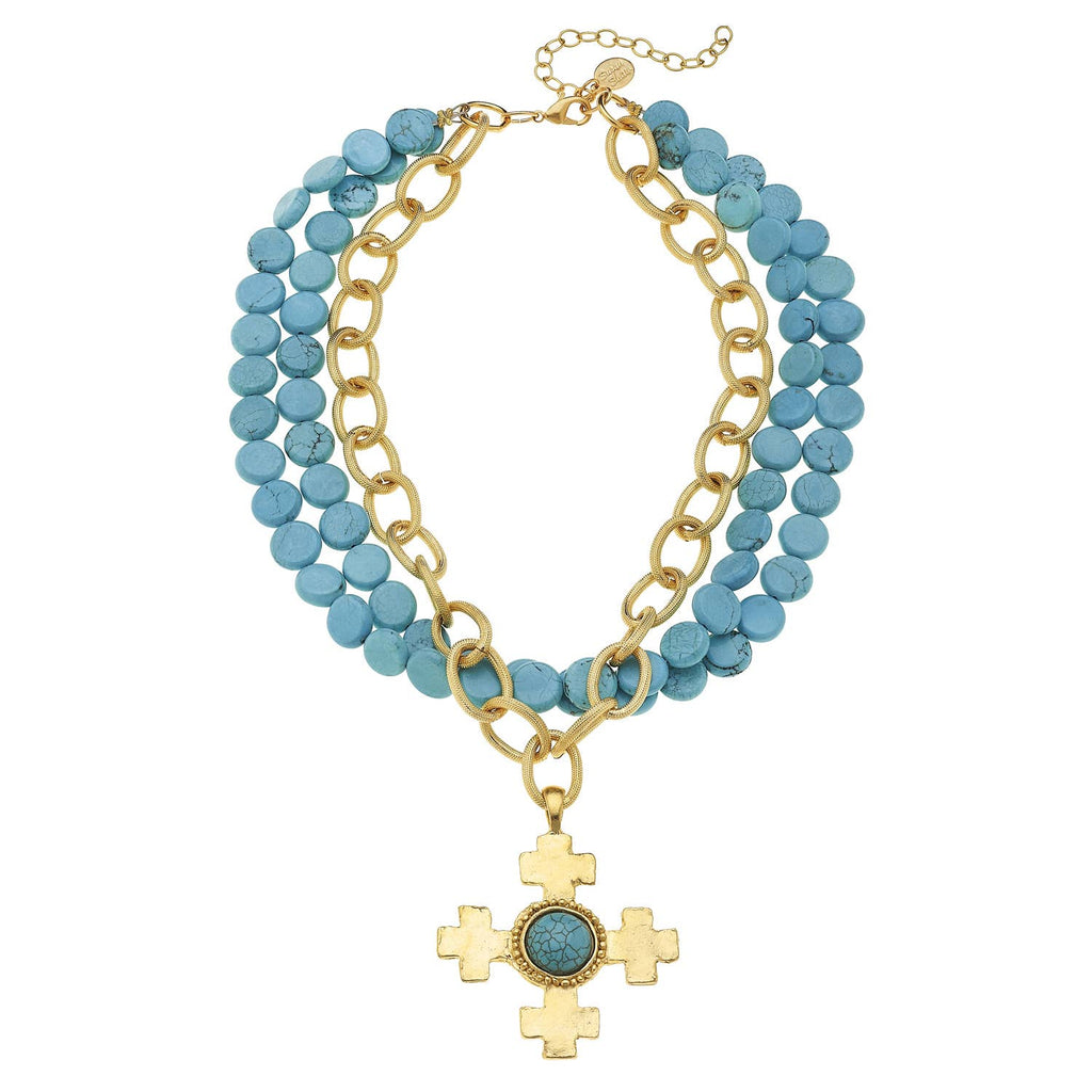 Multi-Strand Turquoise with Gold Cross Necklace