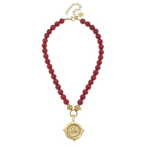 Red Coral with Italian Equestrian Intaglio Necklace