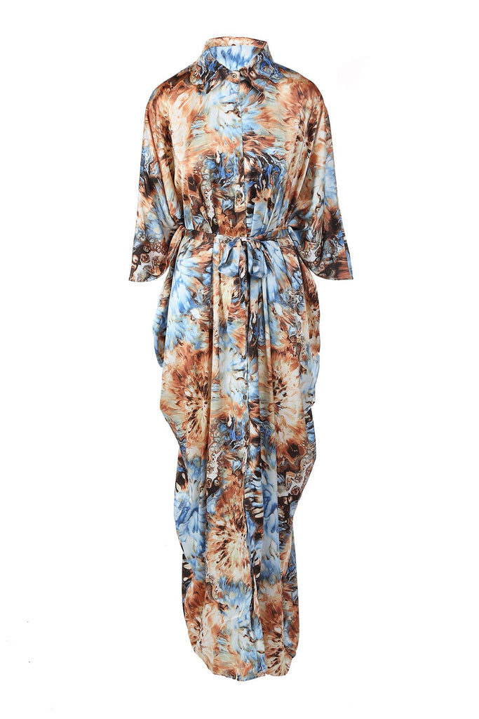 Multicolor Tie Dye Print Belted Maxi Shirt Dress