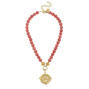 Handcast Gold Equestrian Intaglio on Pink Coral Necklace