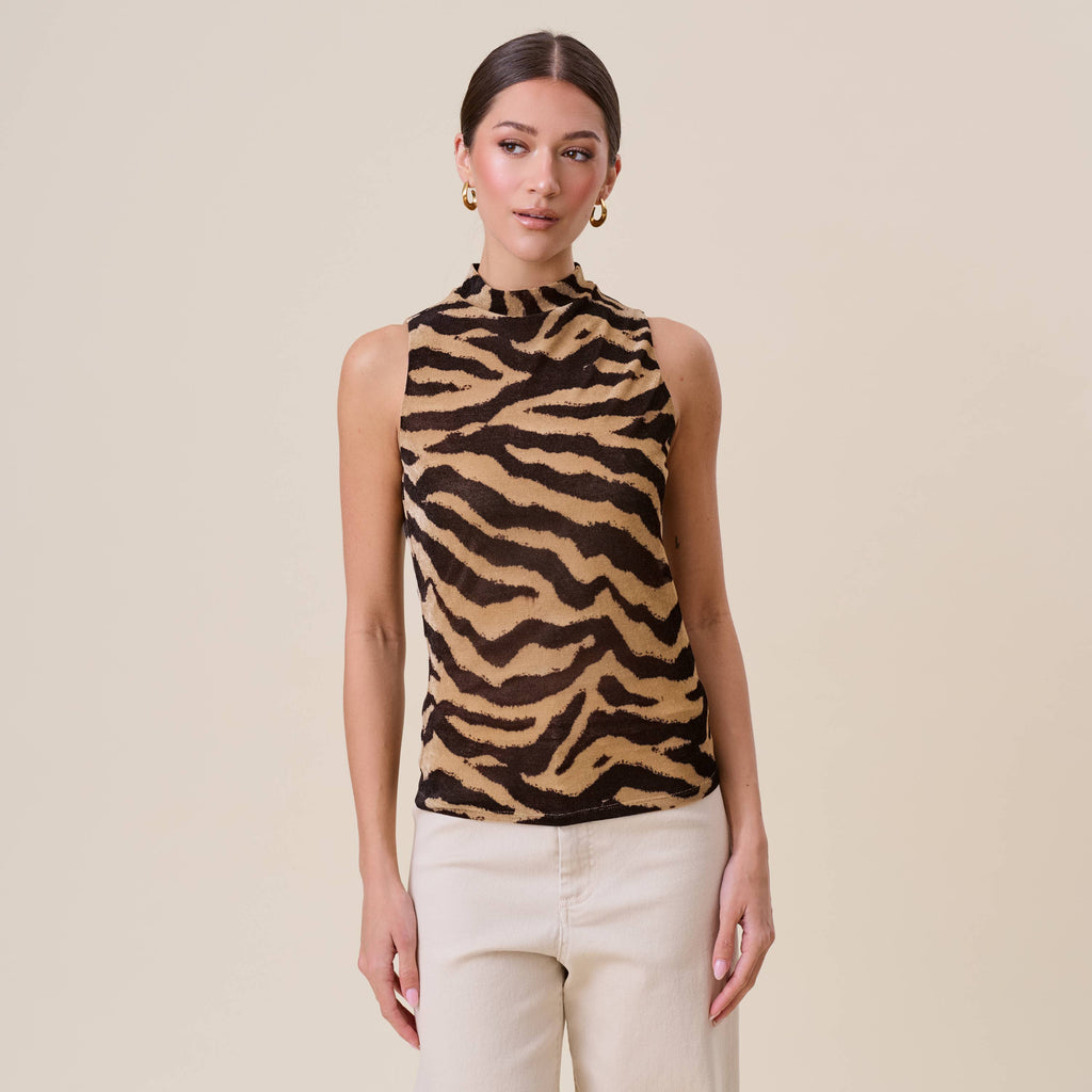AT3181 Mockneck zebra print top: TAUPE/BLACK / M