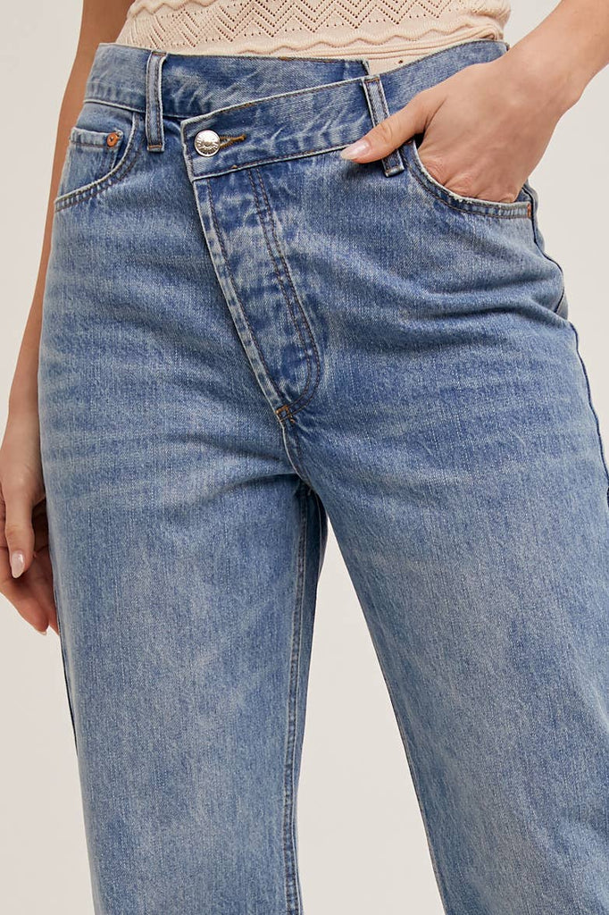 Denim asymmetrical waist straight-leg jeans