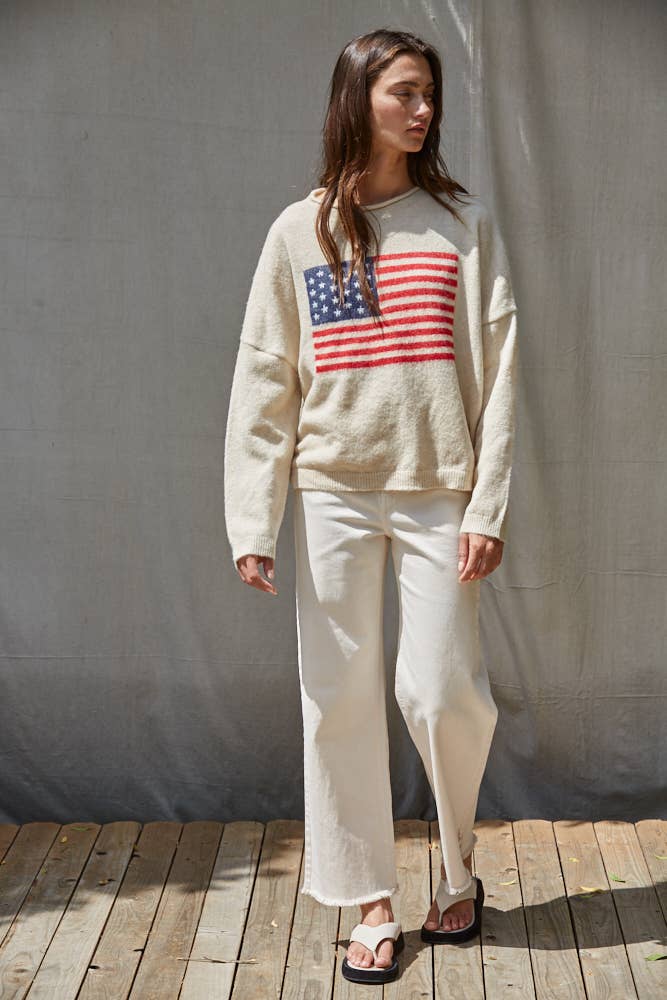 W2677 | Knit Sweater American Flag Long Sleeve : Natural / M