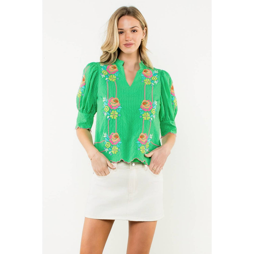 Embroidered V-Neck Top: