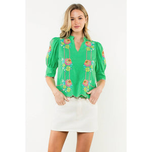 Embroidered V-Neck Top: