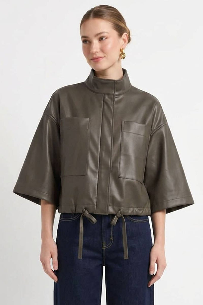 Drawstring Hem Boxy Vegan Leather Fall Jacket: Khaki Olive / S