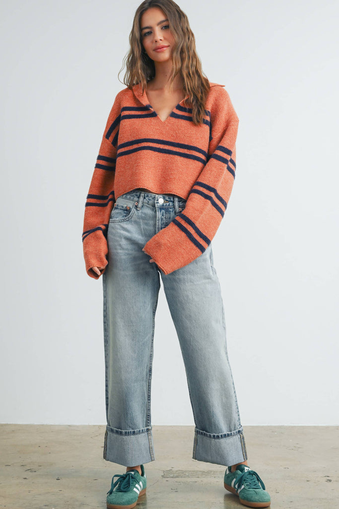 Stripe Crop Collar Sweater Top