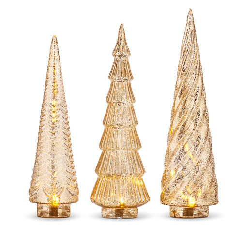 14.25" Gold Mercury Glass Lighted Trees S/3