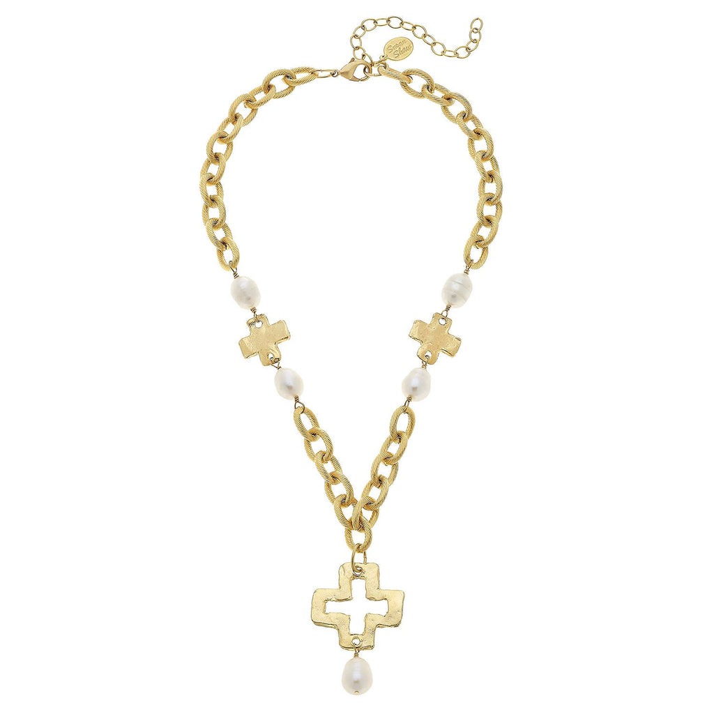 Gold Cross and Genuine Freshwater Pearl Chain Necklace