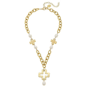 Gold Cross and Genuine Freshwater Pearl Chain Necklace