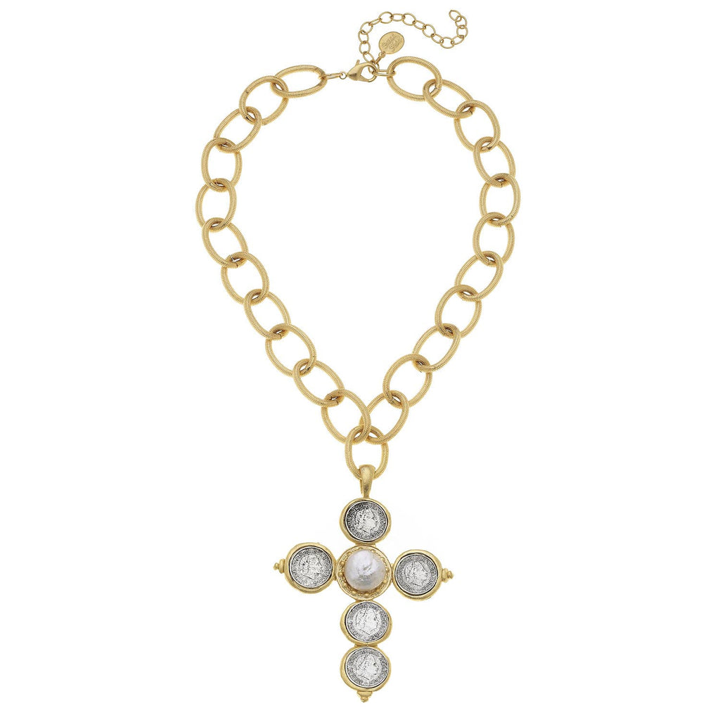 Mixed Metal Coin Cross Chain Necklace