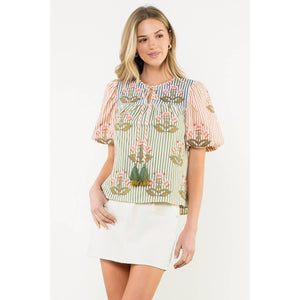 Embroidered Stripe Tassel Top: