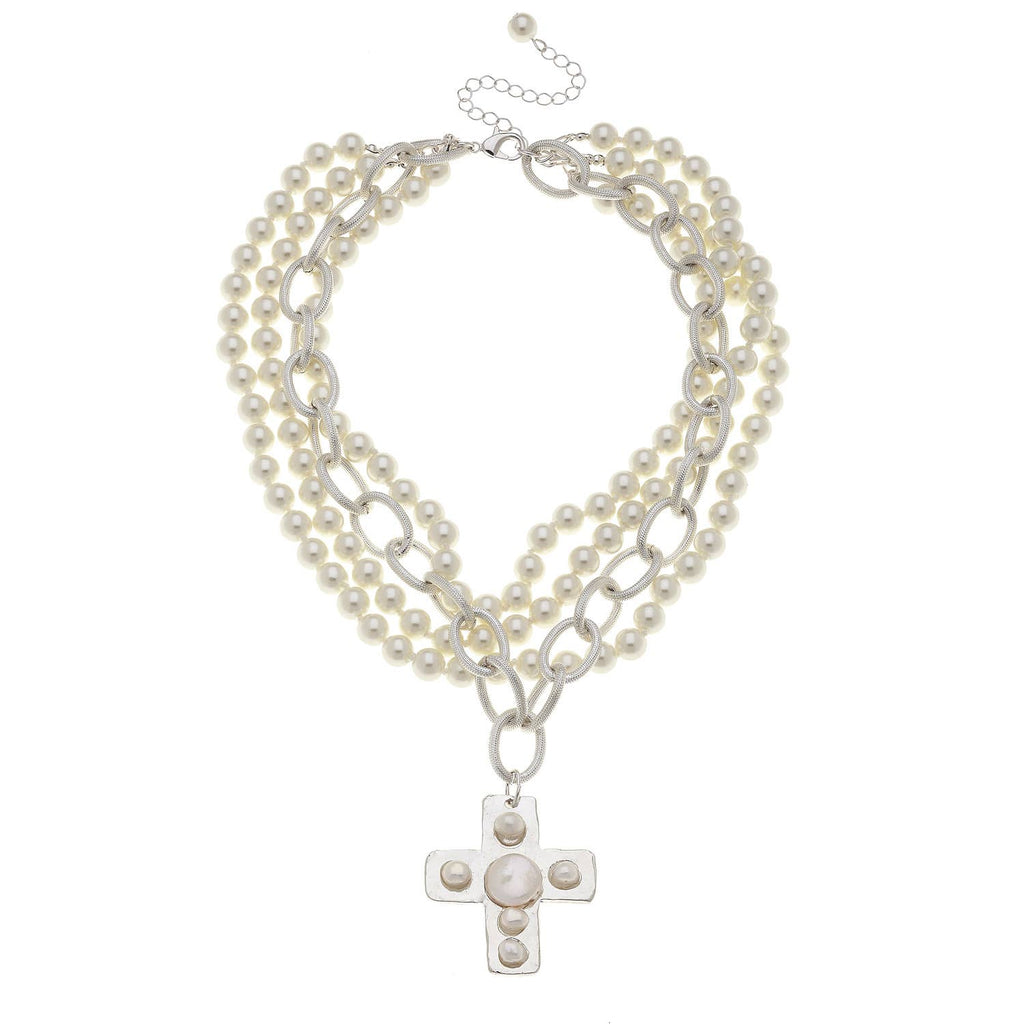 Silver Cross with Freshwater and Coin Pearls Necklace