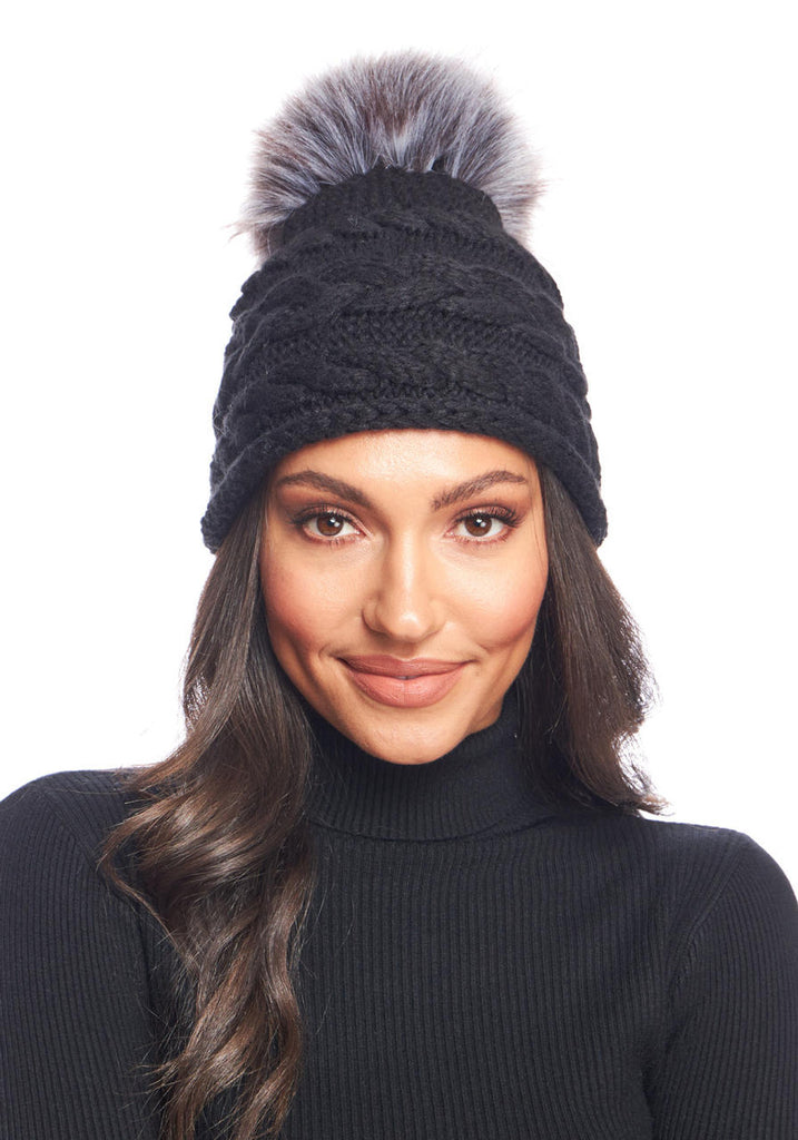 Black Cableknit Faux Fur Pom Hat