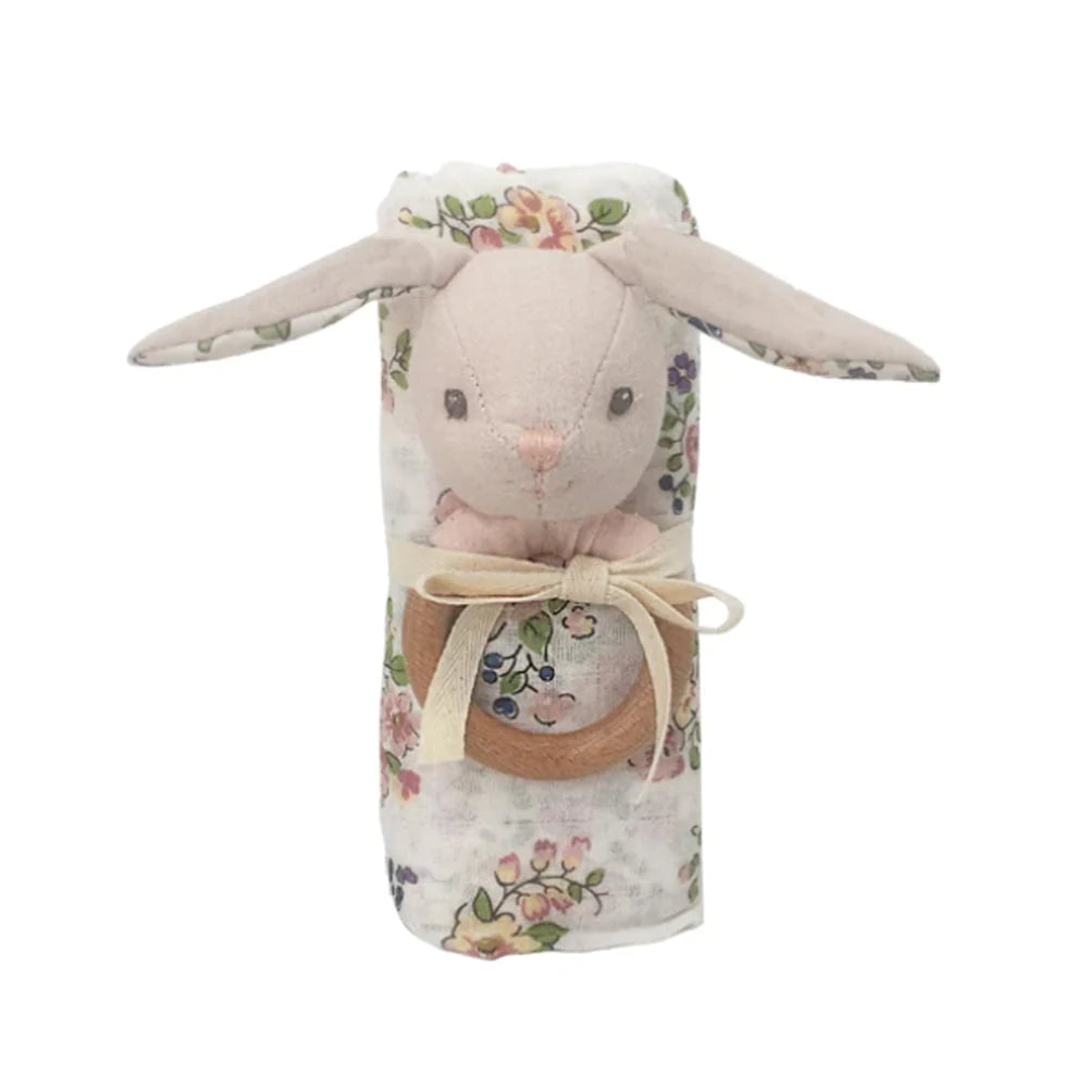 Floral Muslin & Bunny Wooden Rattle Gift Set