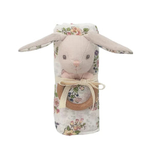 Floral Muslin & Bunny Wooden Rattle Gift Set