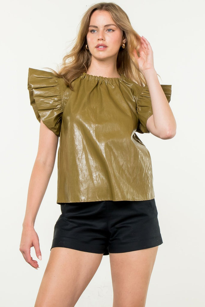 Ruffle Olive Leather Top