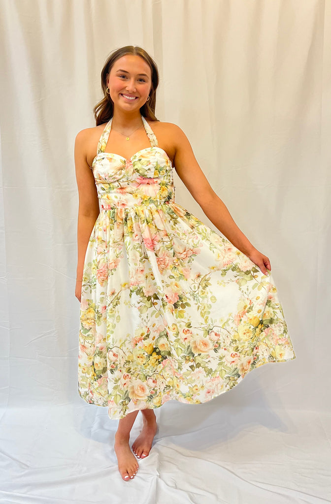 White Floral Printed Midi Dress