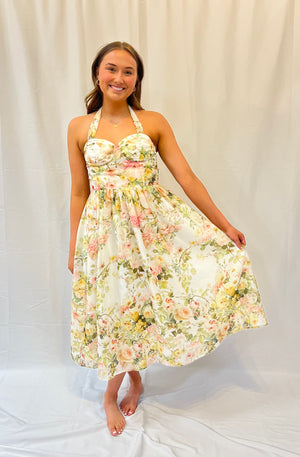 White Floral Printed Midi Dress