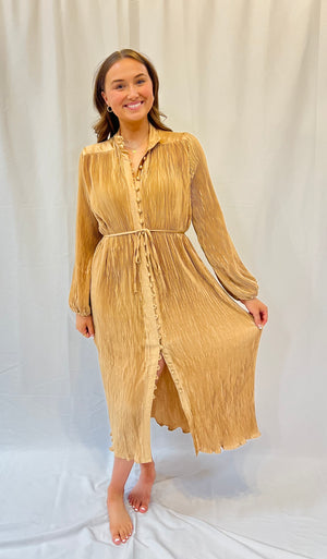 Satin Belted Pleat Maxi Dress