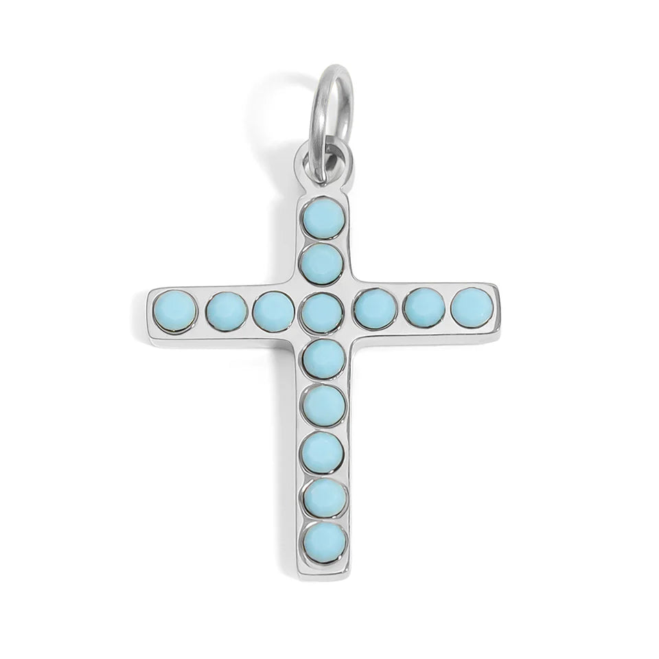 18K Stainless Steel Turquoise Stone Cross Charm