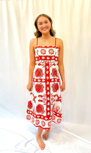 Sea Print Scallop Detail Midi Dress