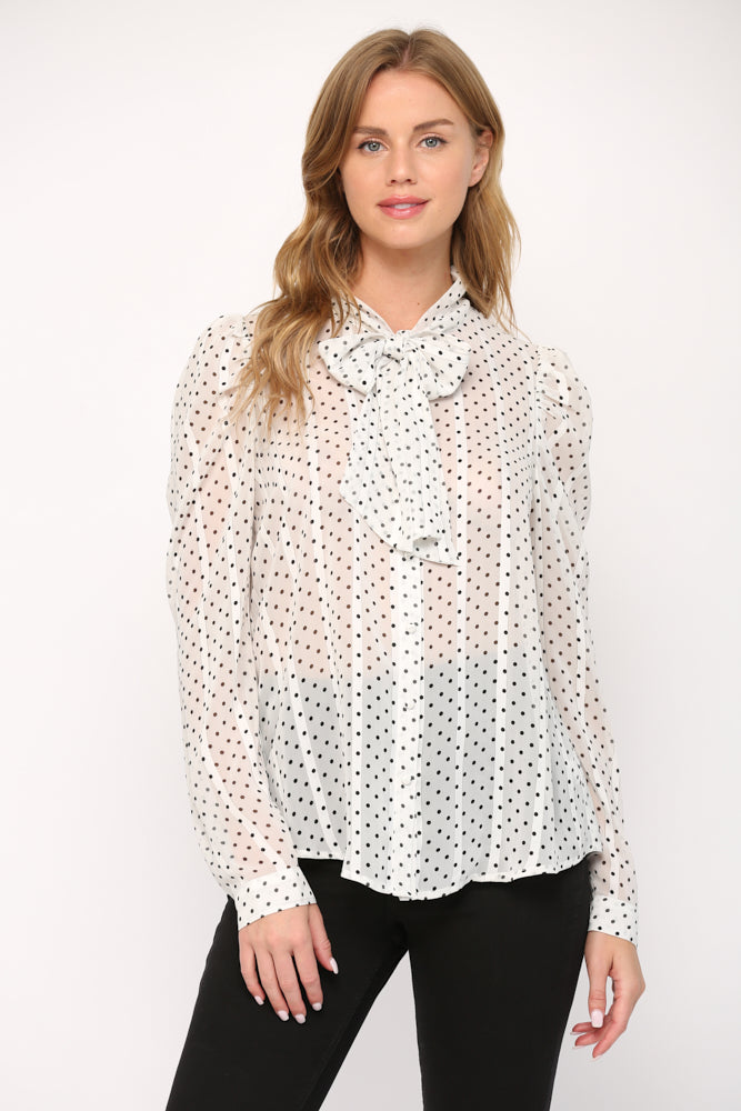 Polka Dot W/ Lurex Tie Neck Blouse