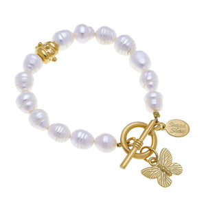 Gold Butterfly on Genuine Freshwater Pearl Bracelet